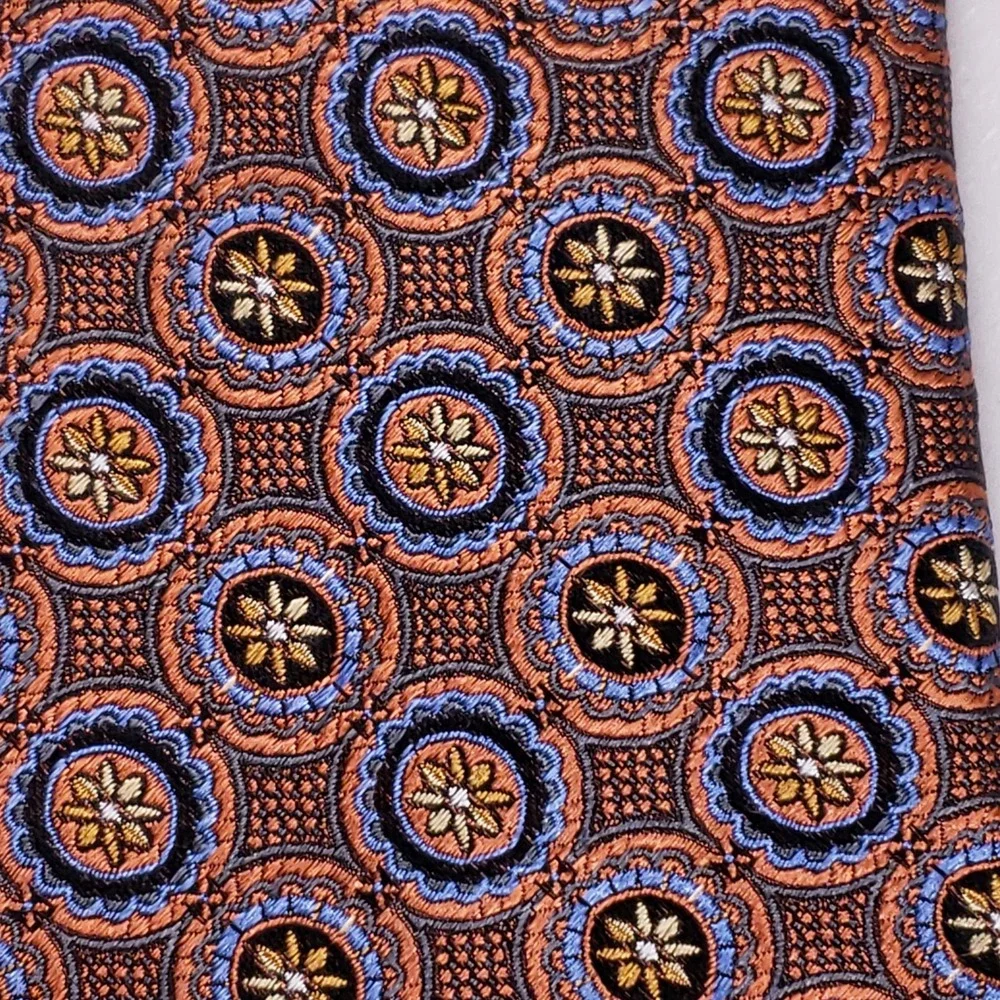 JZ Richards Silk Necktie Geometric Medallion Orange‎ Blue Mens Classic Tie